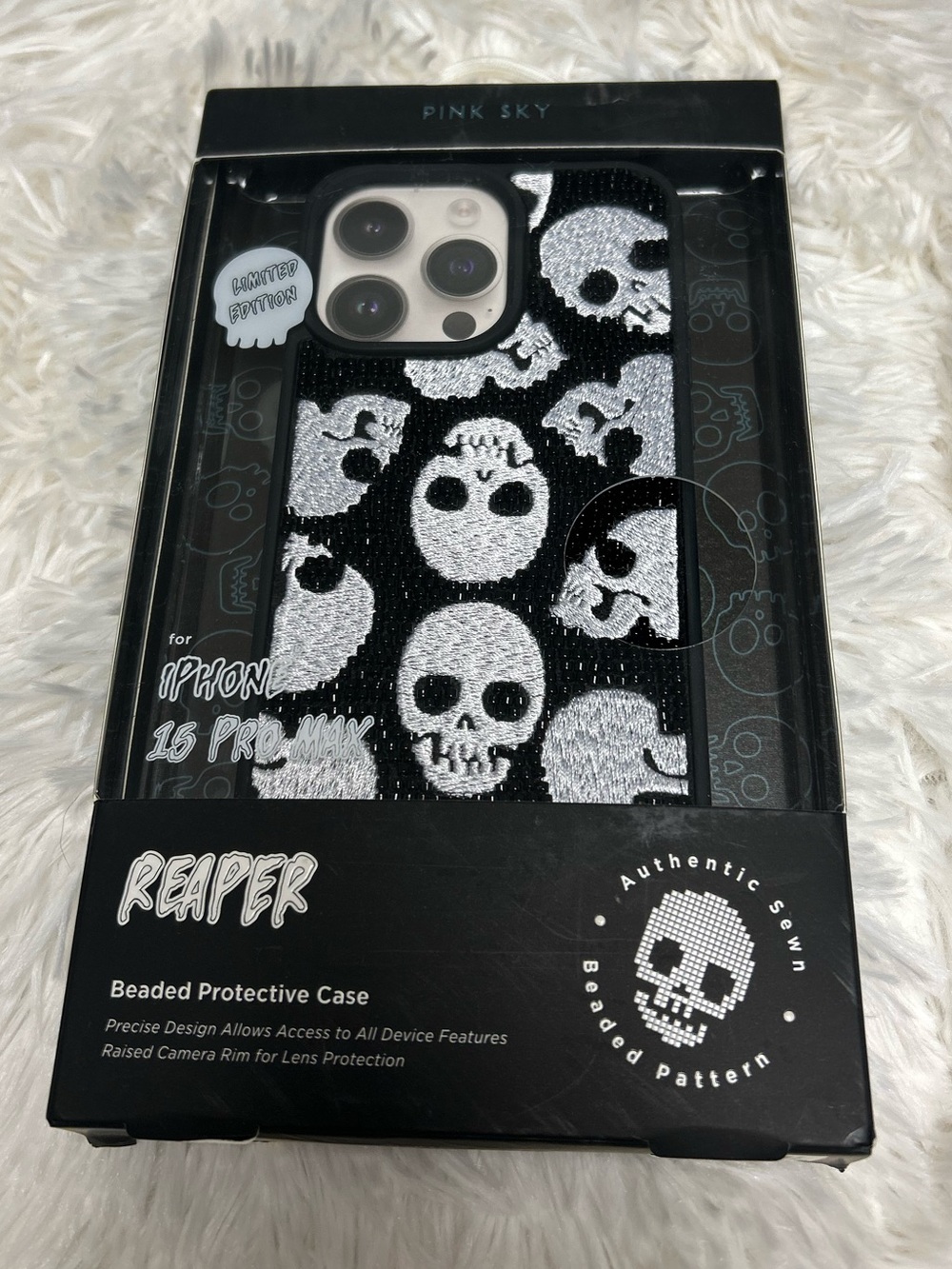 Pink Sky Limited Edition Reaper Skull Beaded iPhone 15 Pro Max Case Nwt Nib - Picture 1 of 3